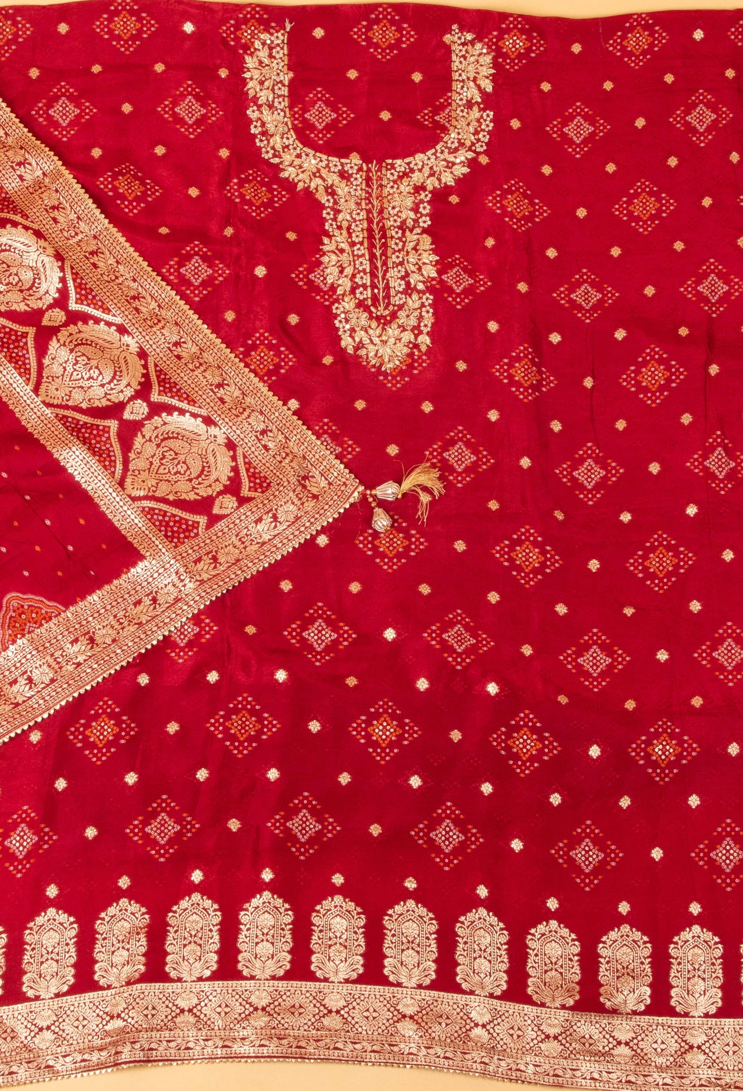 Red Embroidered Unstitched Dress Material with Traditional Dupatta