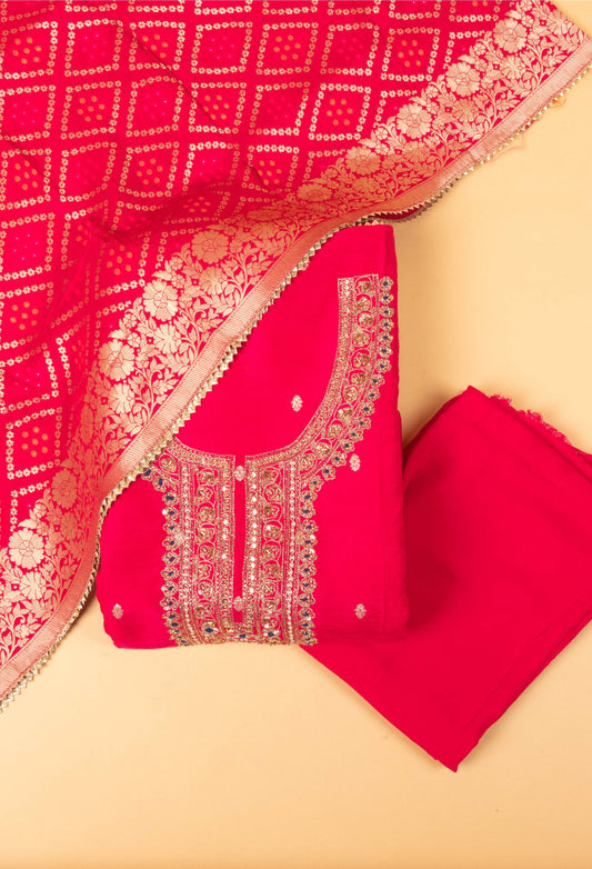 Rani Pink Embroidered Unstitched Dress Material with Woven Dupatta