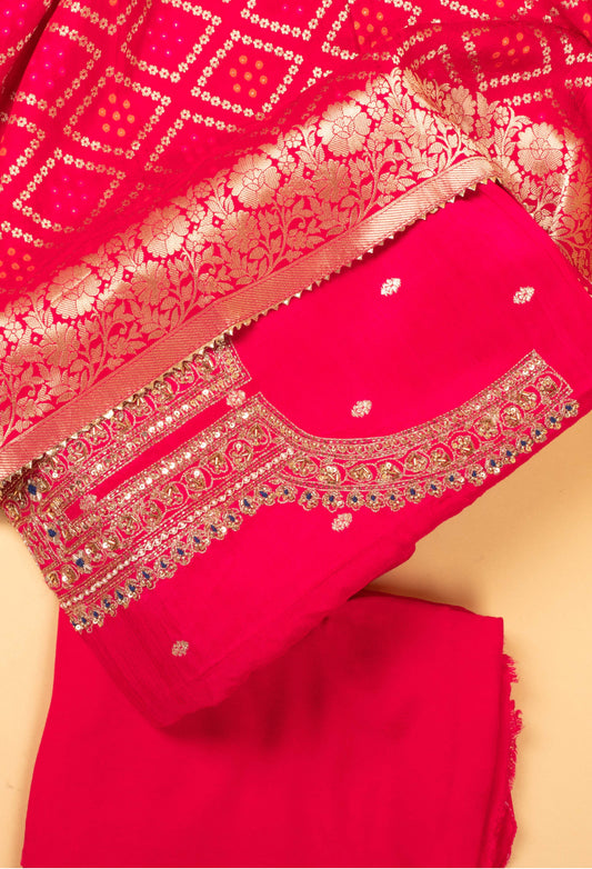 Rani pink embroidered unstitched dress material with woven dupatta – product image 2