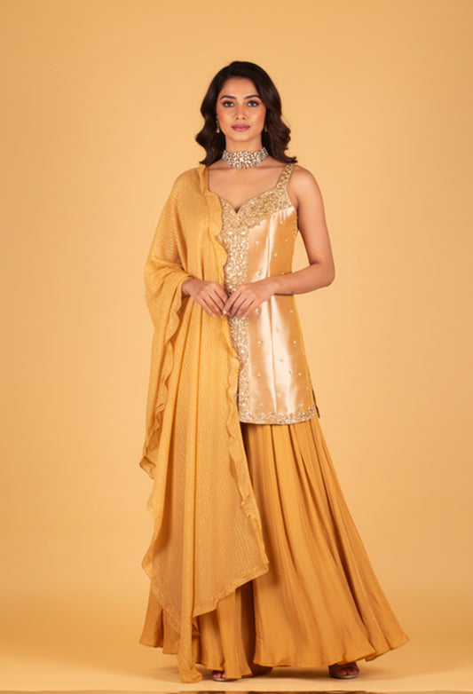 Mustard Yellow Embellished Ethnic Gown with Ruffle Dupatta