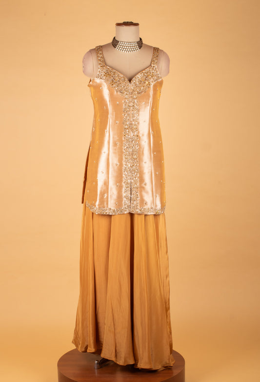 Mustard yellow embellished ethnic gown with ruffle dupatta – product image 2