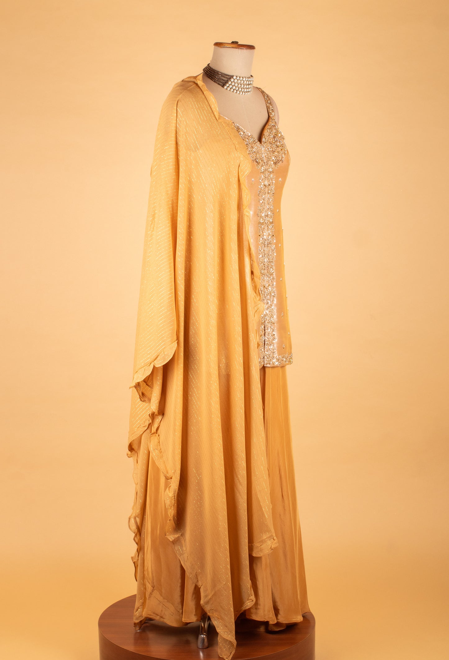 Mustard Yellow Embellished Ethnic Gown with Ruffle Dupatta