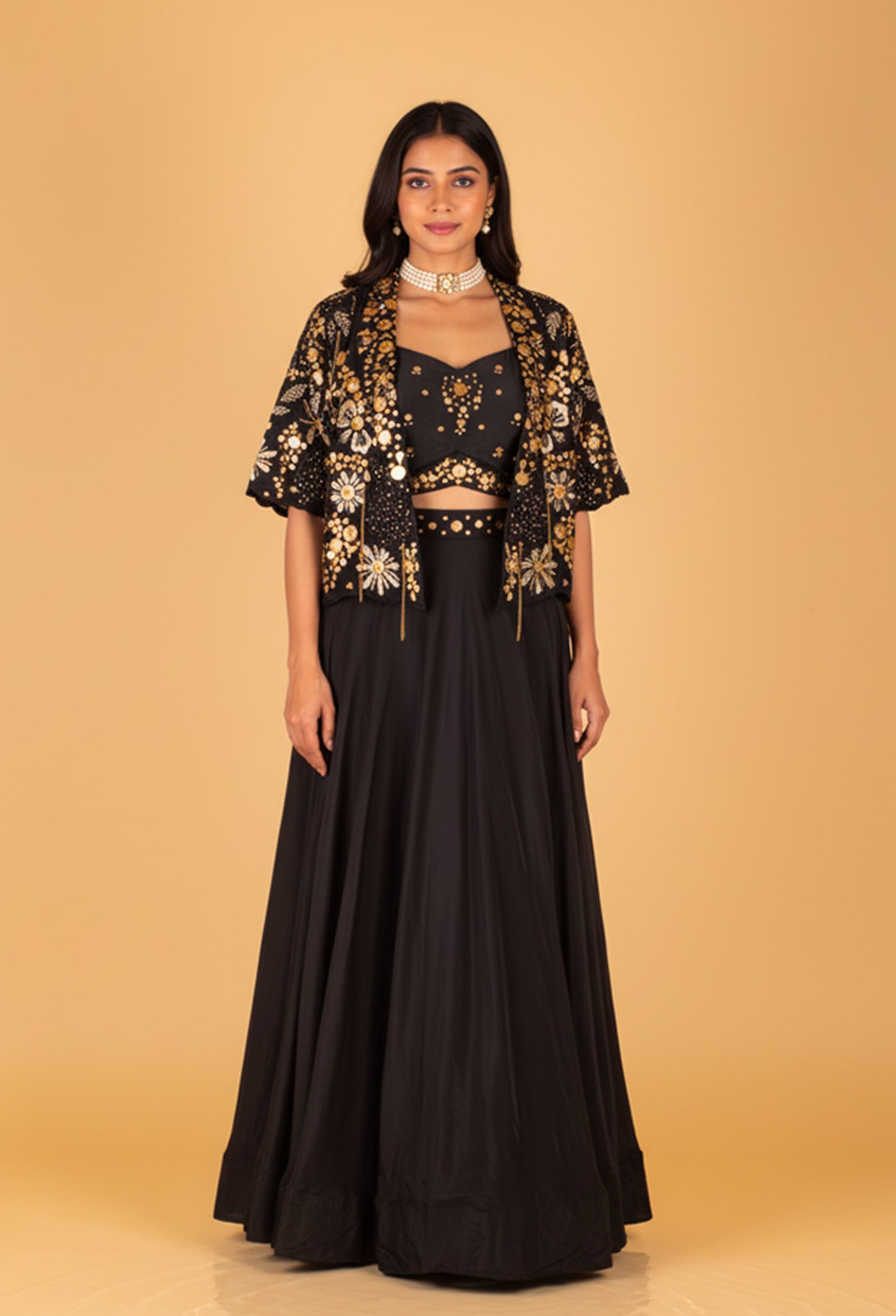 Black Embellished Crop Top Lehenga Set with Embroidered Jacket