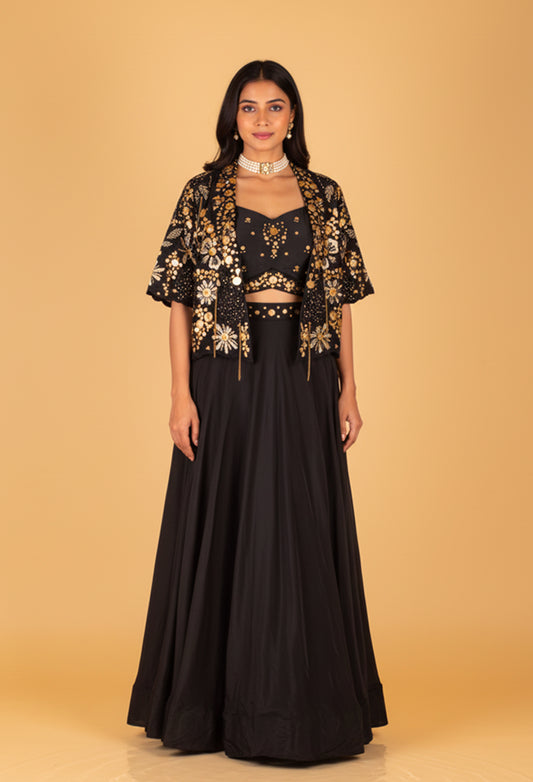 Black Embellished Crop Top Lehenga Set with Embroidered Jacket