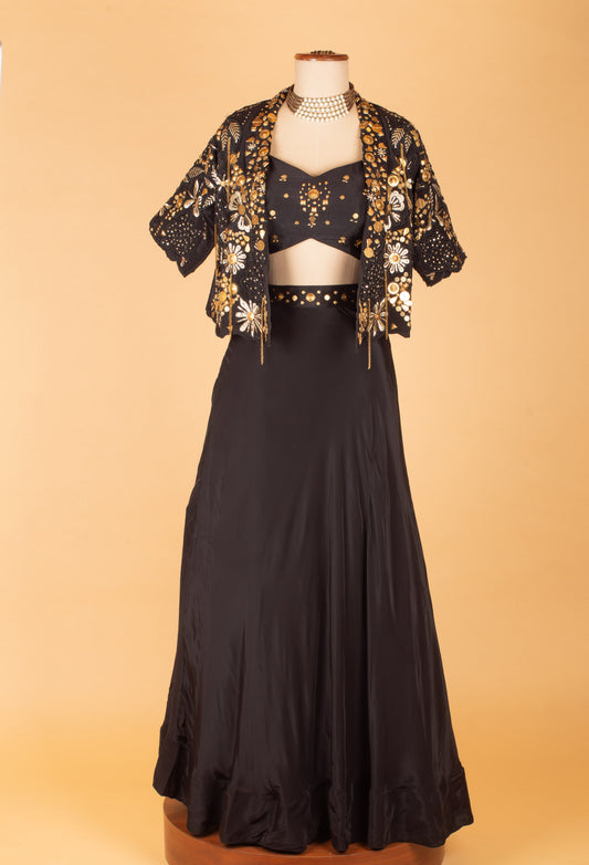 Black embellished crop top lehenga set with embroidered jacket – product image 2
