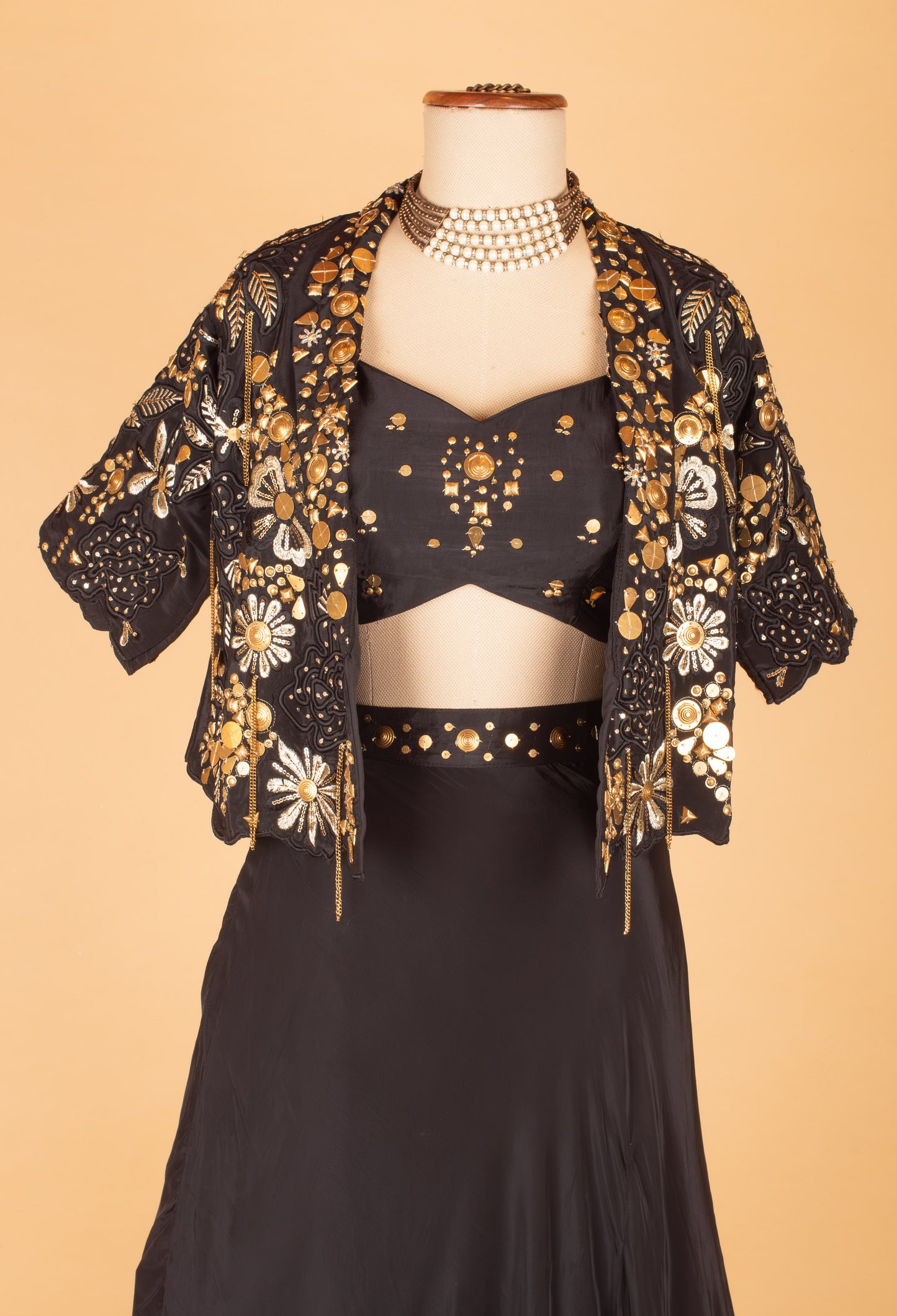 Black Embellished Crop Top Lehenga Set with Embroidered Jacket