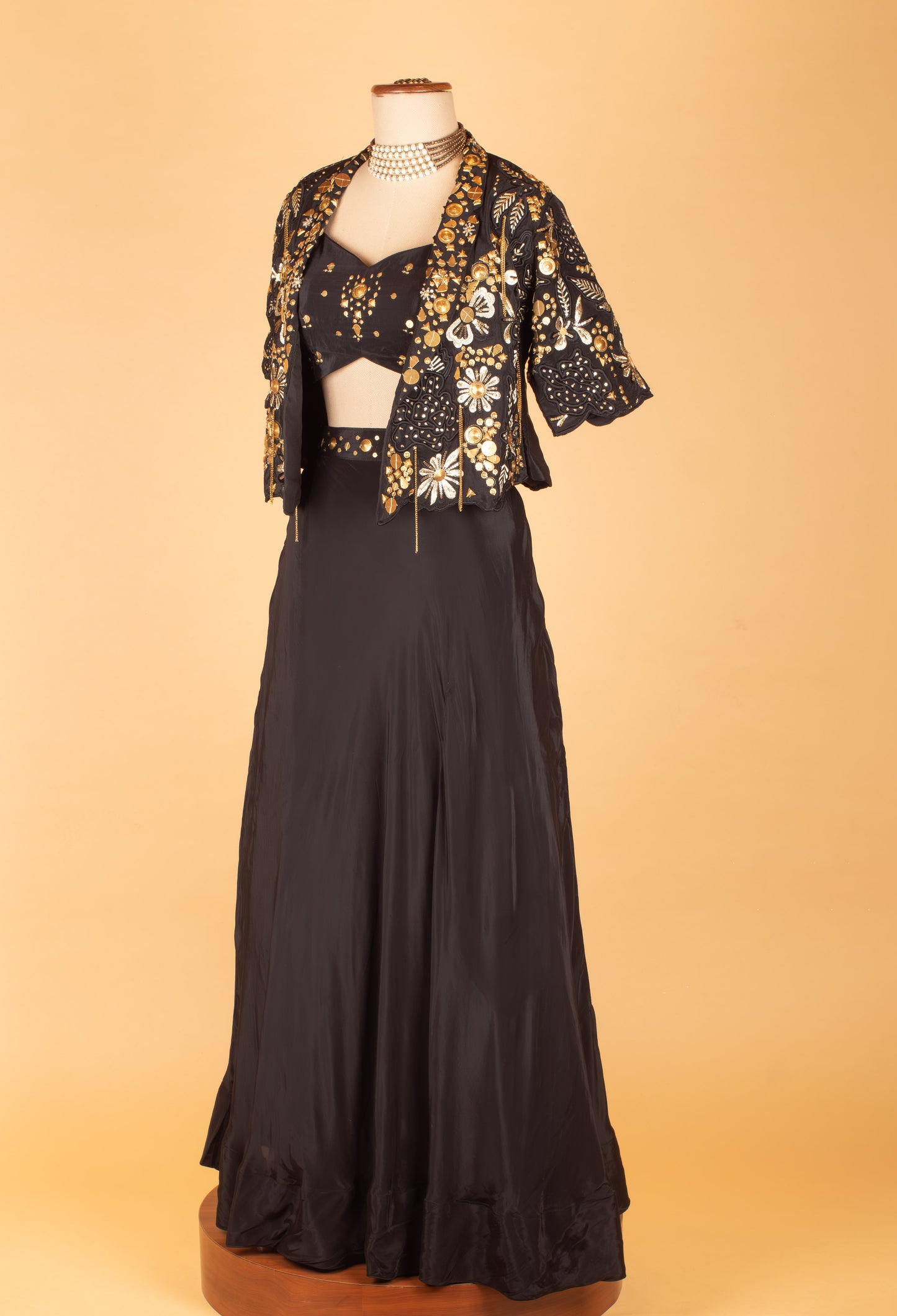 Black Embellished Crop Top Lehenga Set with Embroidered Jacket