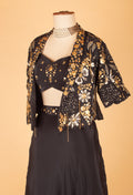 Black Embellished Crop Top Lehenga Set with Embroidered Jacket