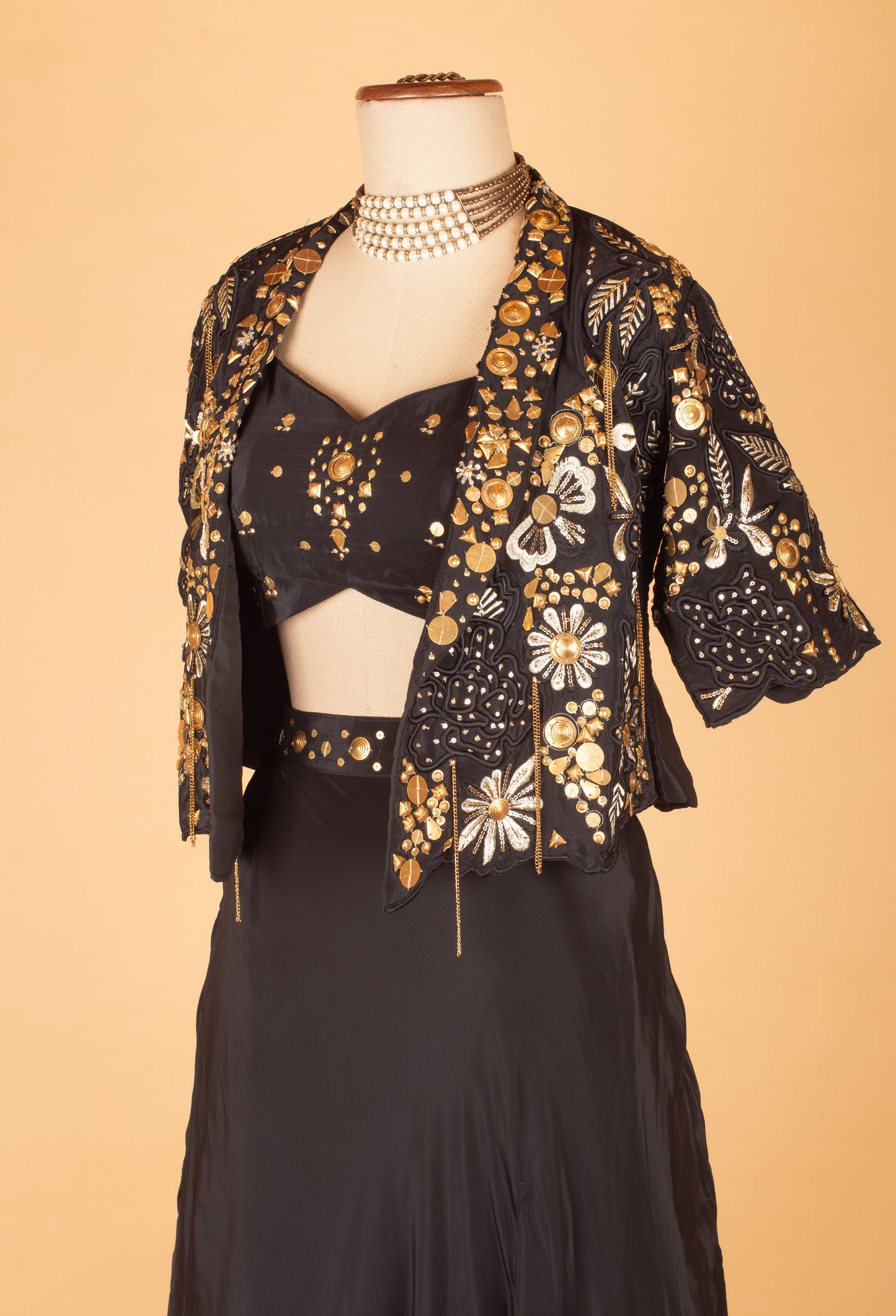 Black Embellished Crop Top Lehenga Set with Embroidered Jacket