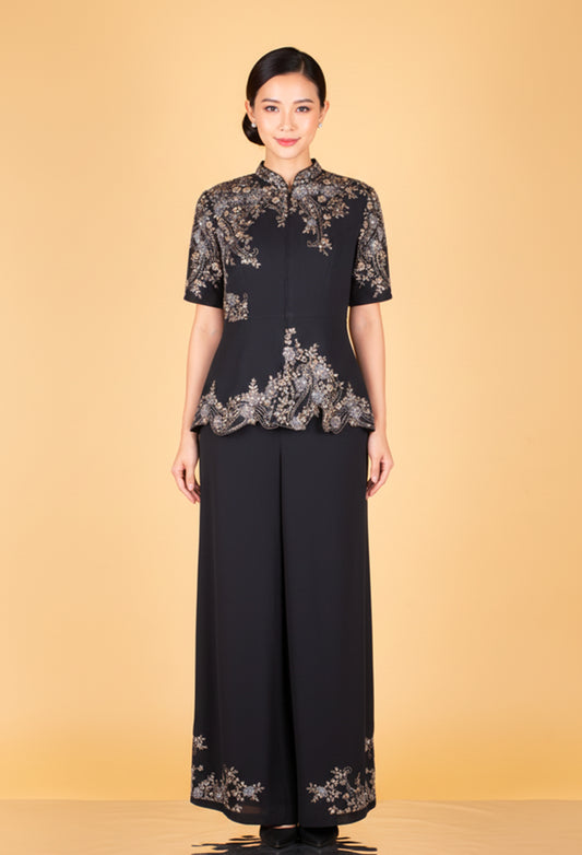 Black Embroidered Straight Cut Top Palazzo Set