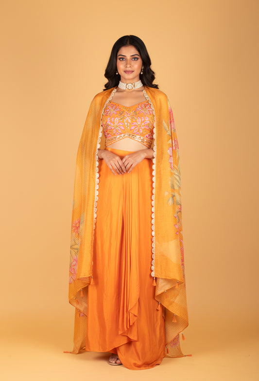 Orange Floral Embroidered Crop Top Lehenga Set with Printed Dupatta