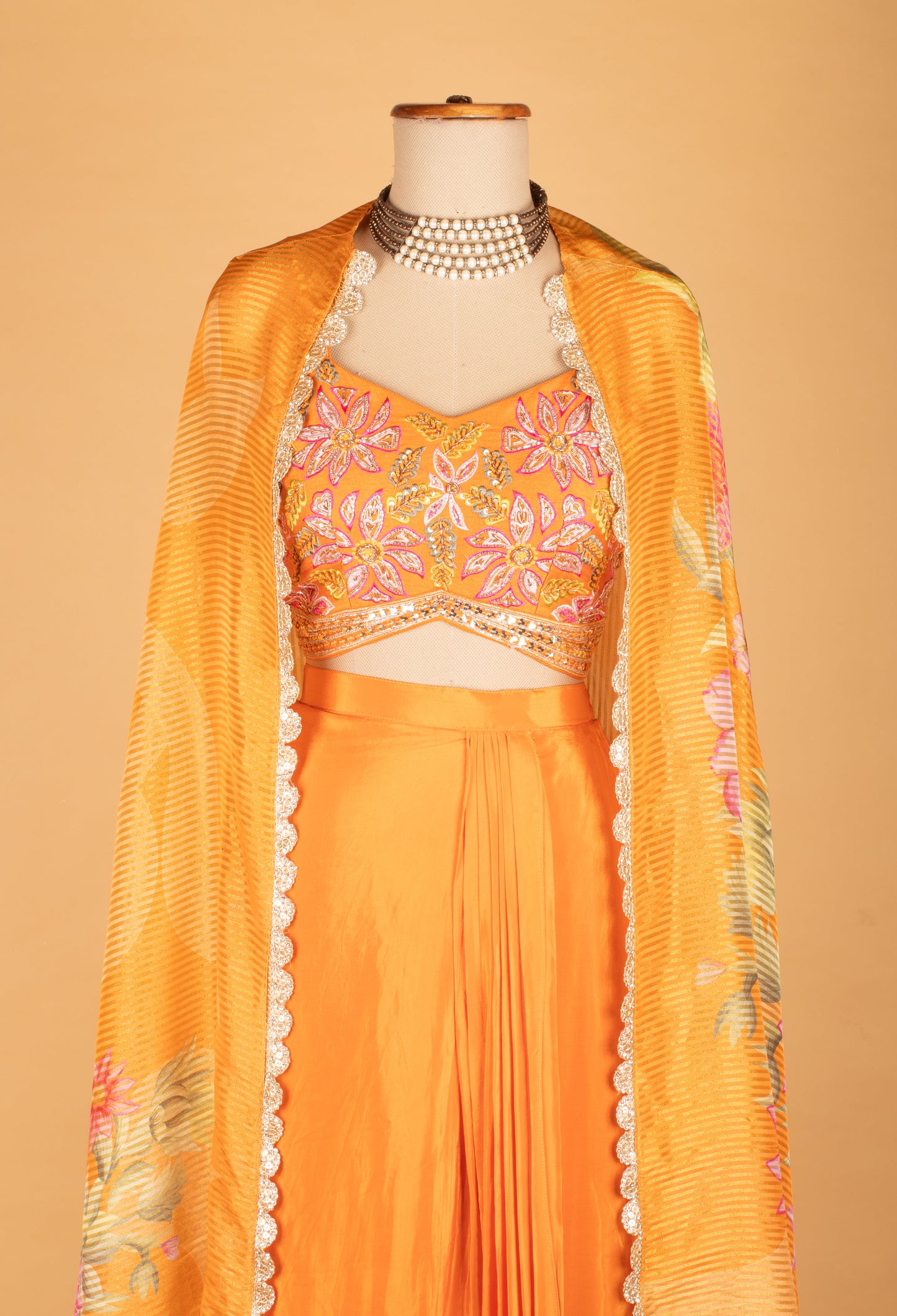 Orange Floral Embroidered Crop Top Lehenga Set with Printed Dupatta
