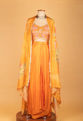 Orange Floral Embroidered Crop Top Lehenga Set with Printed Dupatta