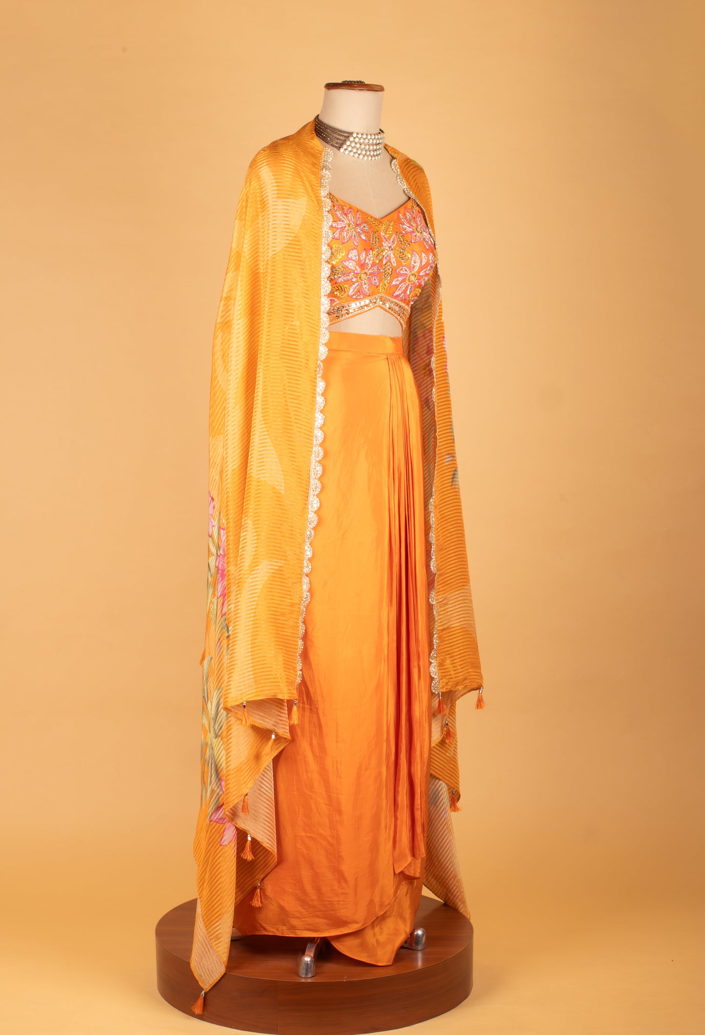 Orange Floral Embroidered Crop Top Lehenga Set with Printed Dupatta