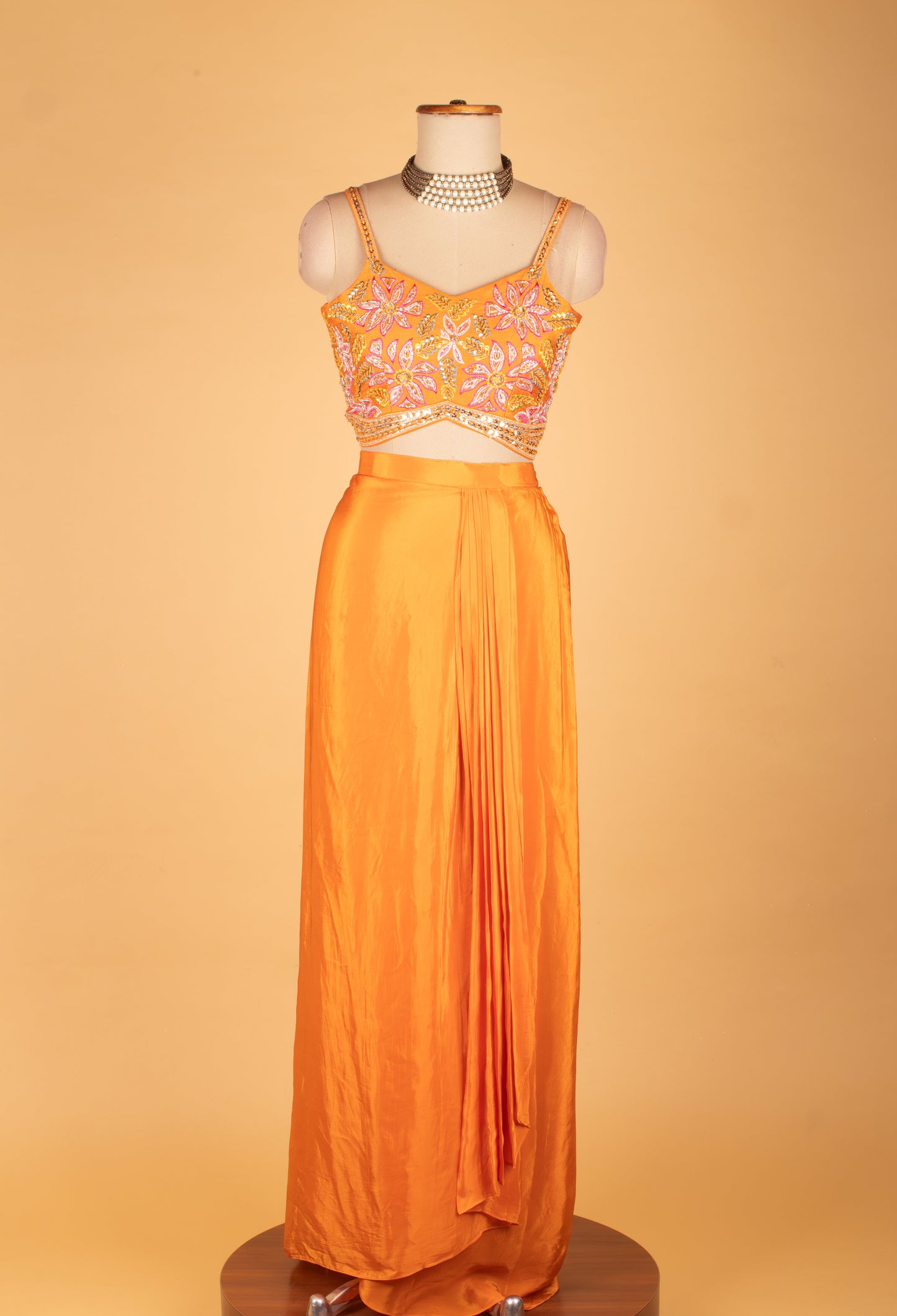 Orange Floral Embroidered Crop Top Lehenga Set with Printed Dupatta