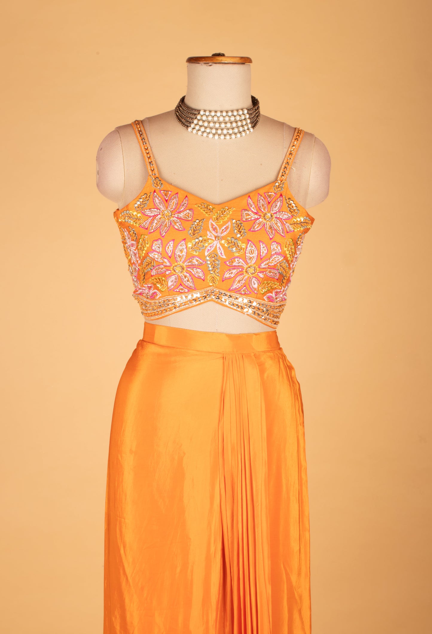 Orange Floral Embroidered Crop Top Lehenga Set with Printed Dupatta