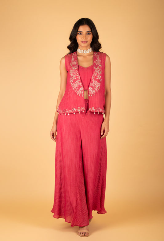 Rani Pink Embroidered Crop Top Palazzo Set