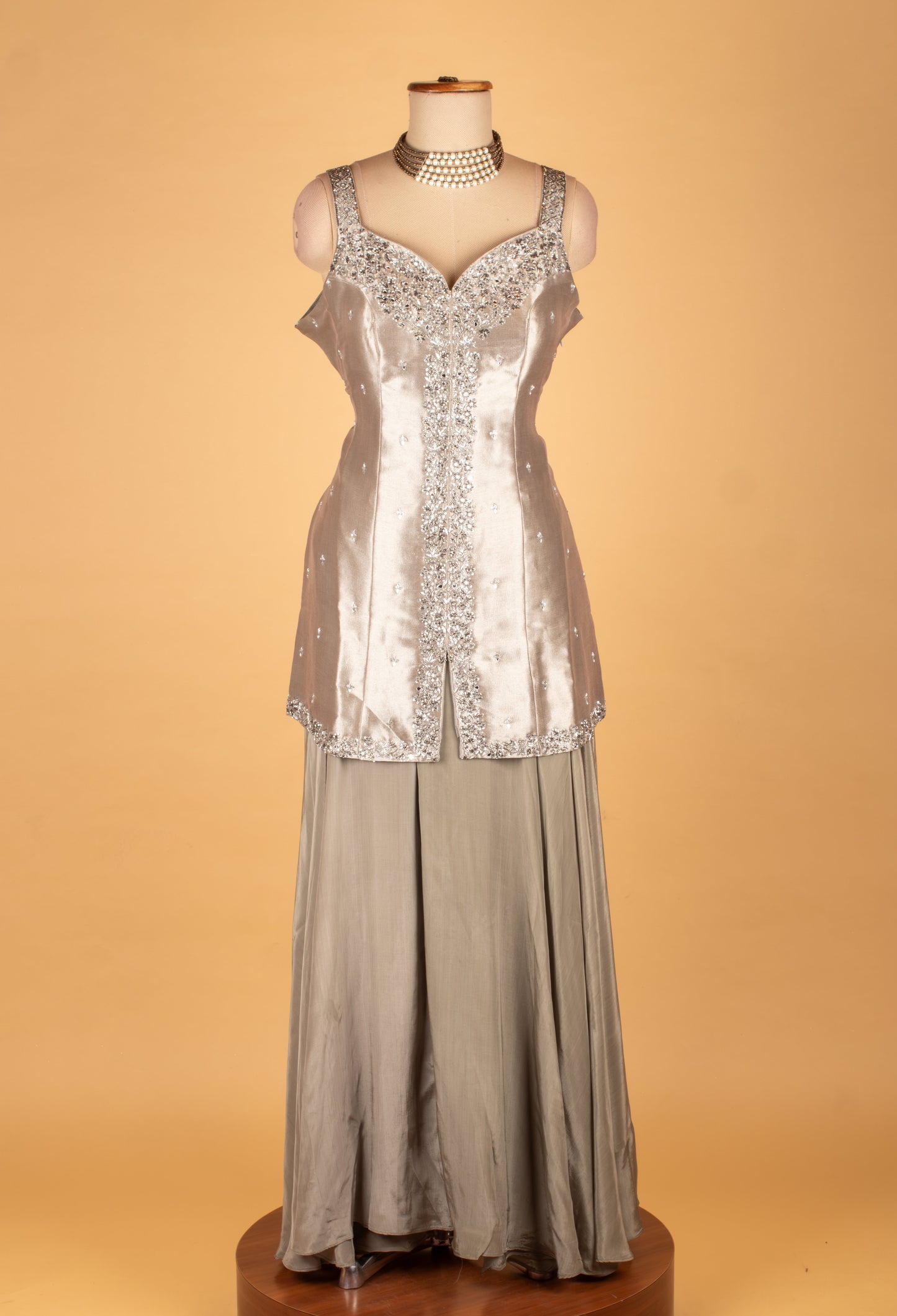 Silver Grey Embellished Ethnic Gown with Shimmer Dupatta