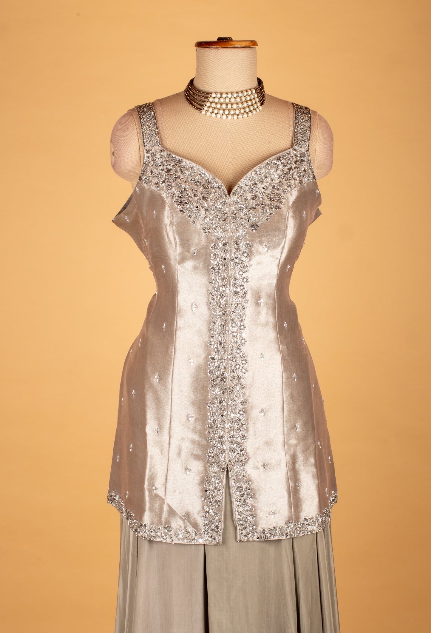 Silver Grey Embellished Ethnic Gown with Shimmer Dupatta