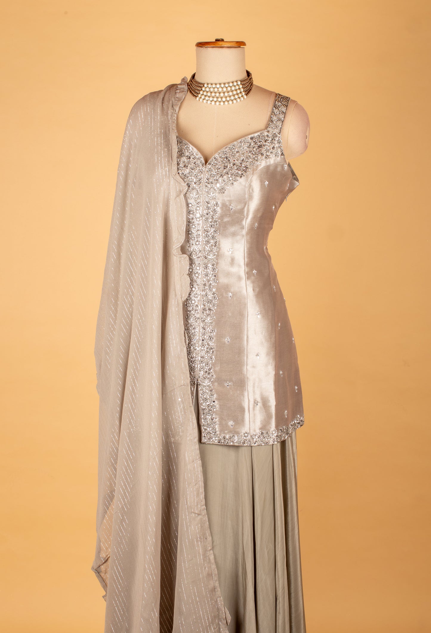 Silver Grey Embellished Ethnic Gown with Shimmer Dupatta