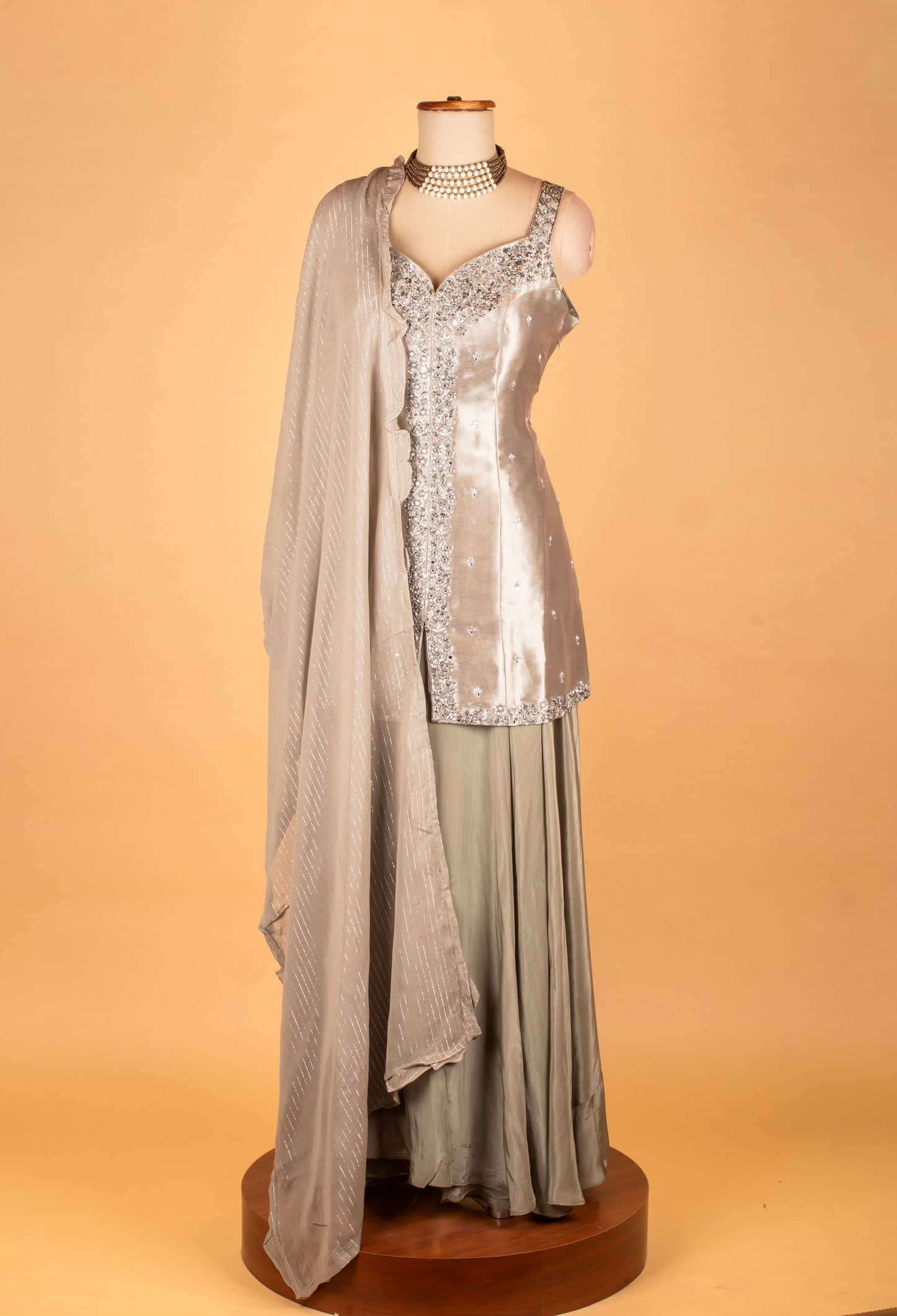 Silver Grey Embellished Ethnic Gown with Shimmer Dupatta