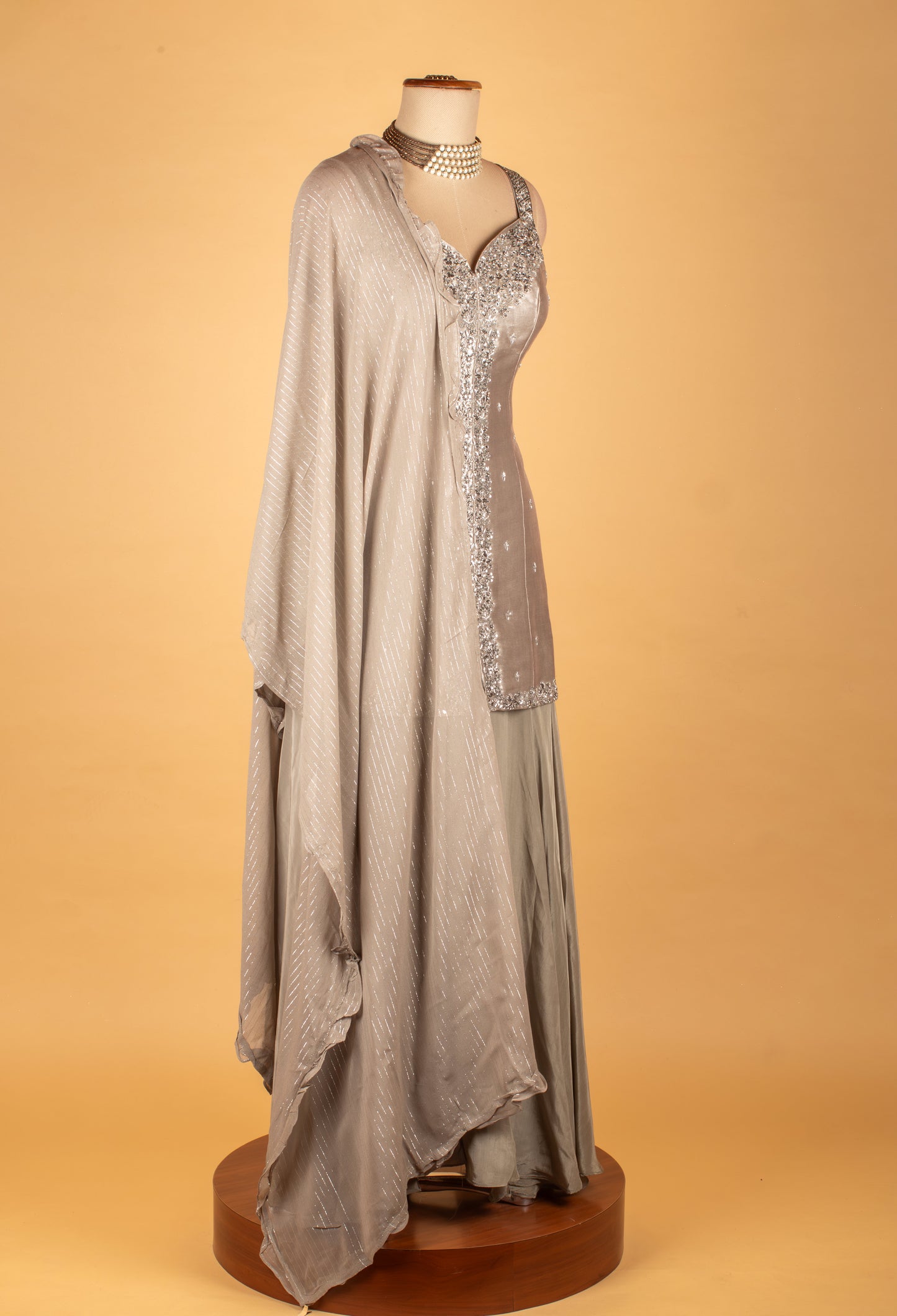 Silver Grey Embellished Ethnic Gown with Shimmer Dupatta