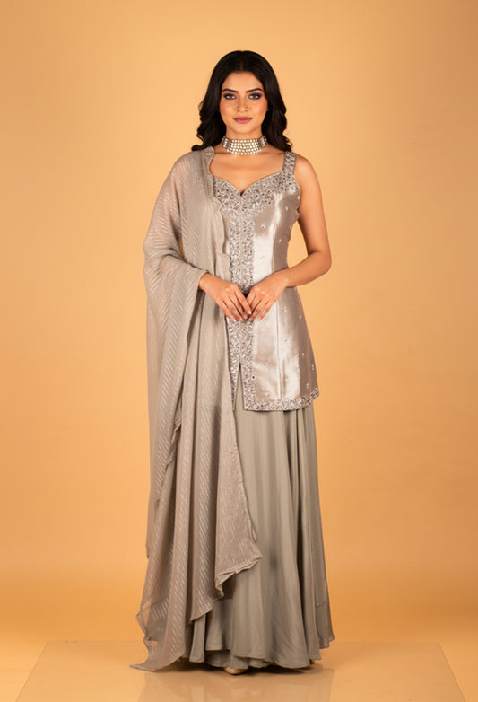 Silver Grey Embellished Ethnic Gown with Shimmer Dupatta