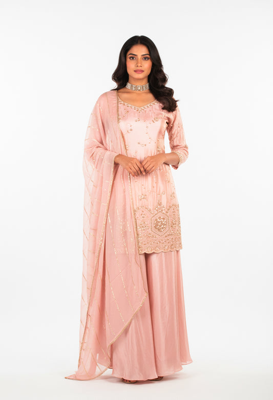 Blush Pink Embroidered Straight Cut Kurta Sharara Set with Dupatta
