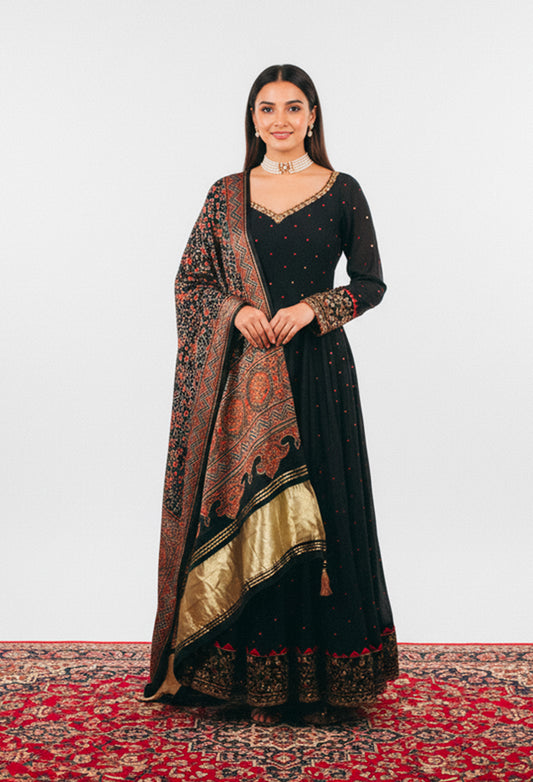 Black Printed Ethnic Gown with Traditional Dupatta