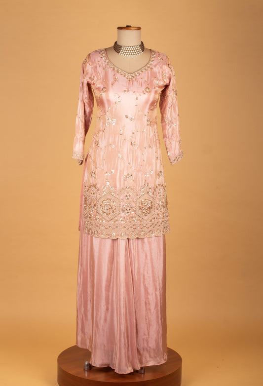 Blush pink embroidered straight cut kurta sharara set with dupatta – product image 2