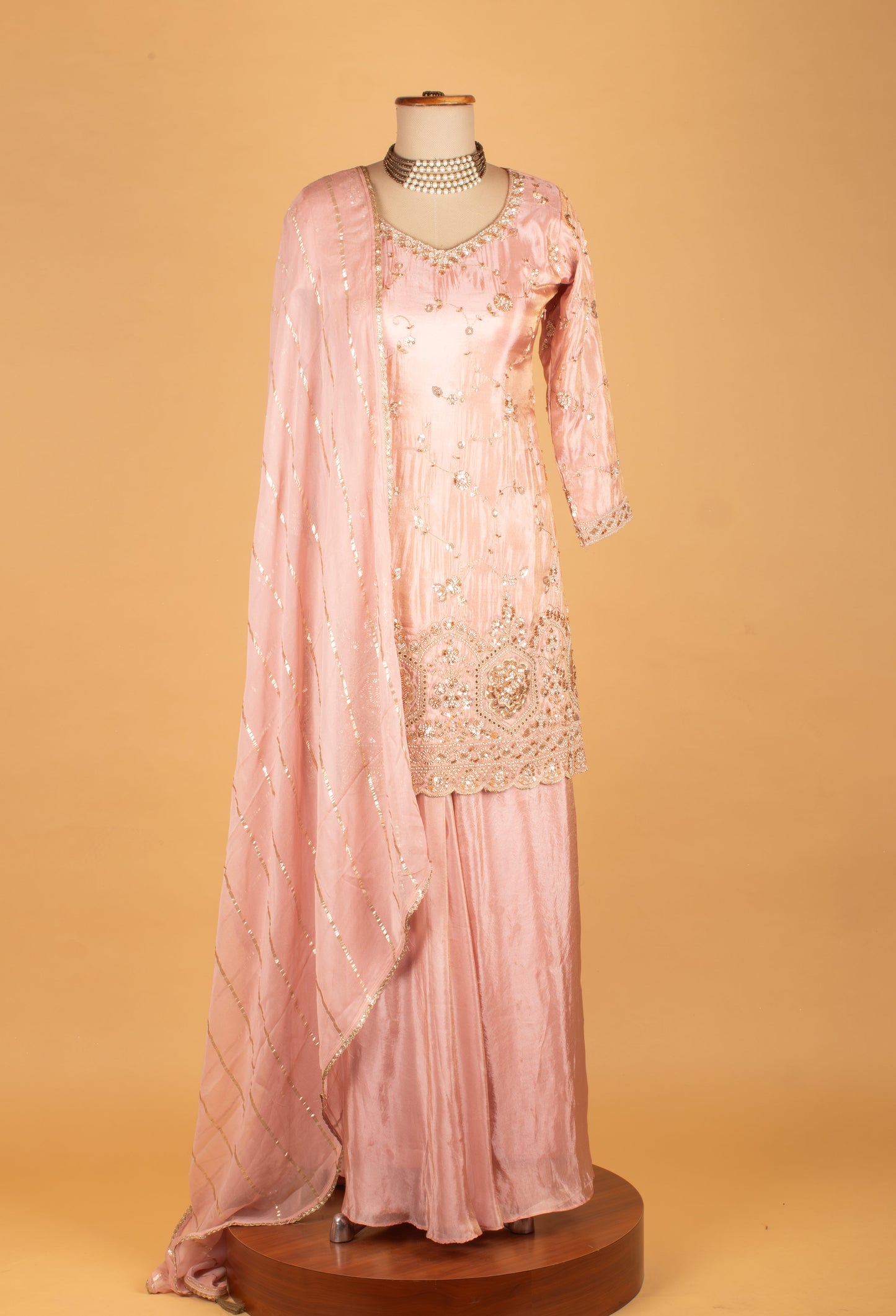 Blush Pink Embroidered Straight Cut Kurta Sharara Set with Dupatta
