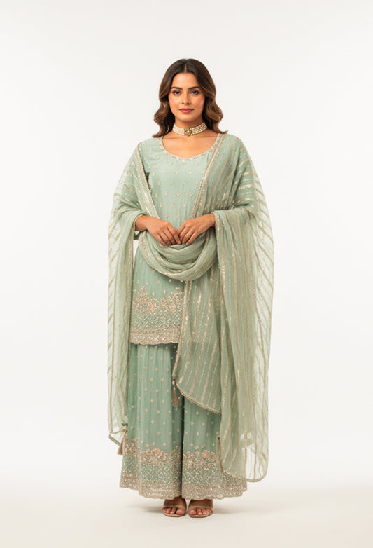 Mint Green Embroidered Straight Cut Kurta Sharara Set with Dupatta