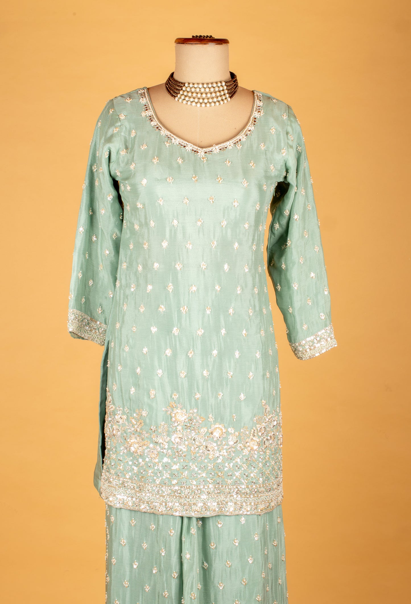 Mint Green Embroidered Straight Cut Kurta Sharara Set with Dupatta