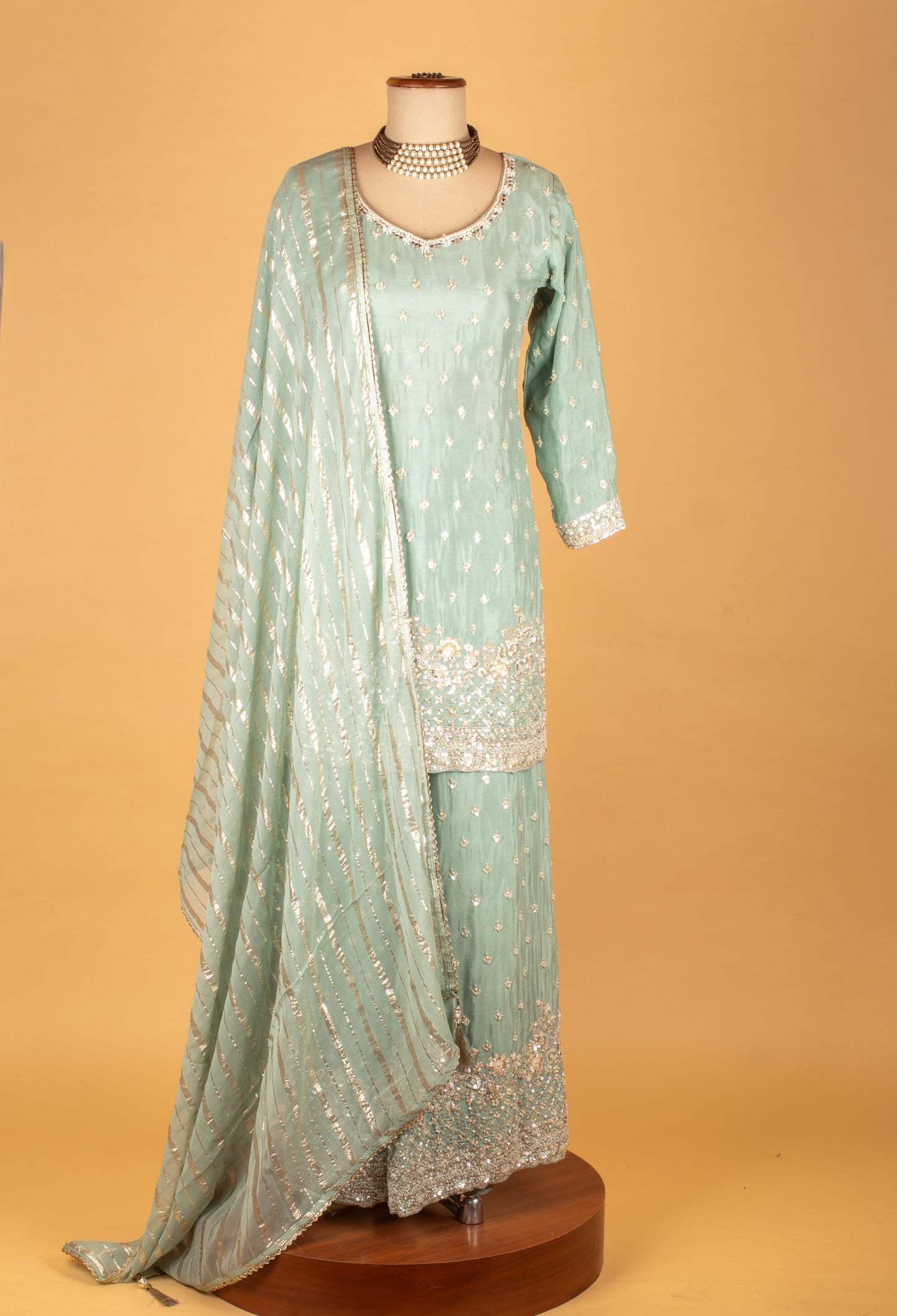 Mint Green Embroidered Straight Cut Kurta Sharara Set with Dupatta