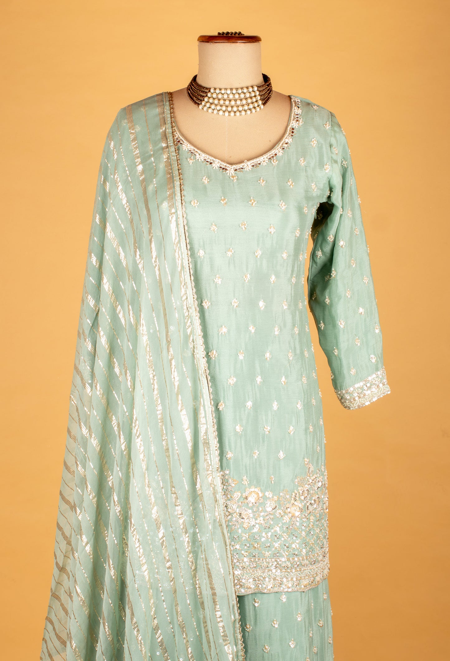 Mint Green Embroidered Straight Cut Kurta Sharara Set with Dupatta