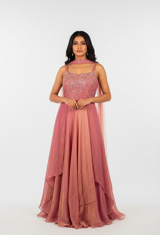 Dusty Rose Embellished Flared Ethnic Gown