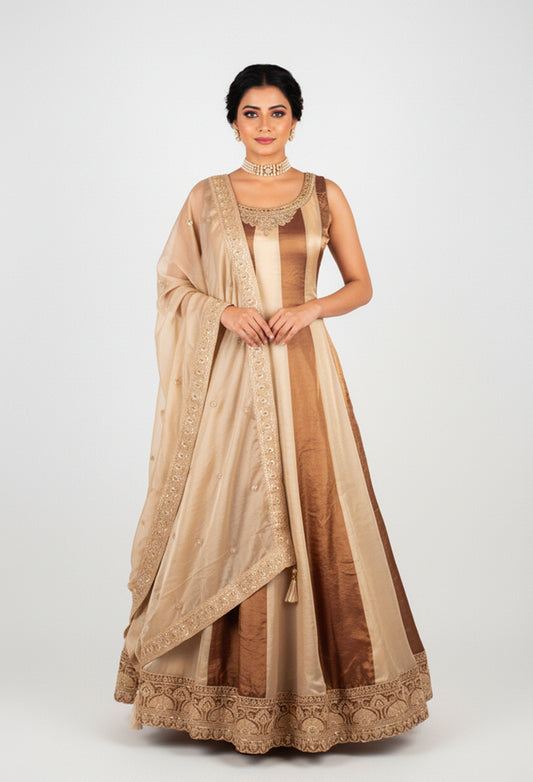 Ivory & Brown Ombre Embroidered Ethnic Gown with Dupattaa