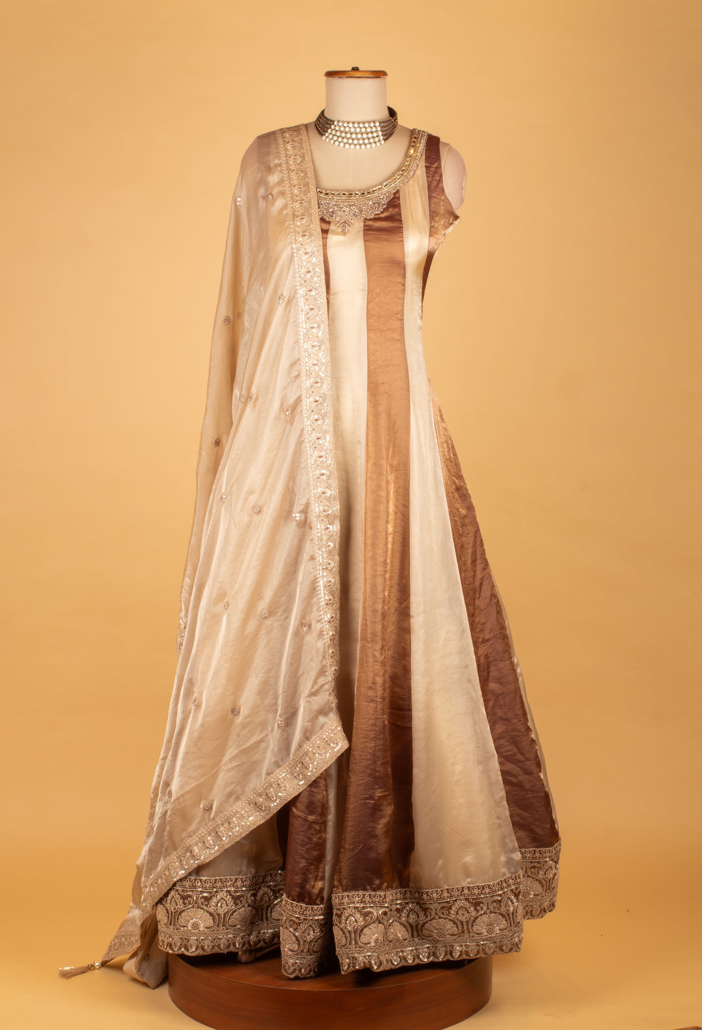 Ivory & Brown Ombre Embroidered Ethnic Gown with Dupattaa