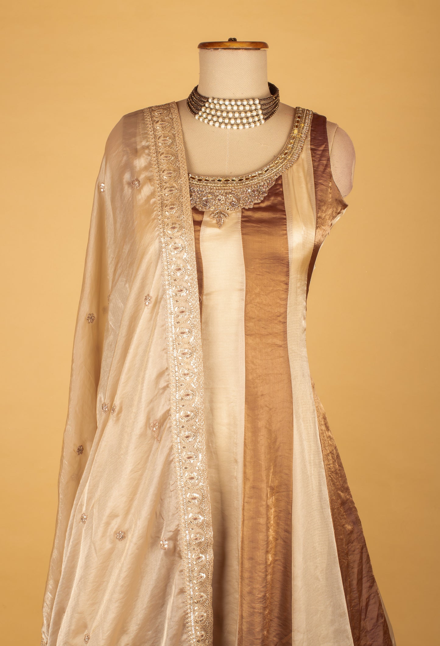 Ivory & Brown Ombre Embroidered Ethnic Gown with Dupattaa