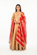 "Golden Beige Embroidered Ethnic Gown with Red Bandhani Dupatta "