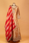 "Golden Beige Embroidered Ethnic Gown with Red Bandhani Dupatta "
