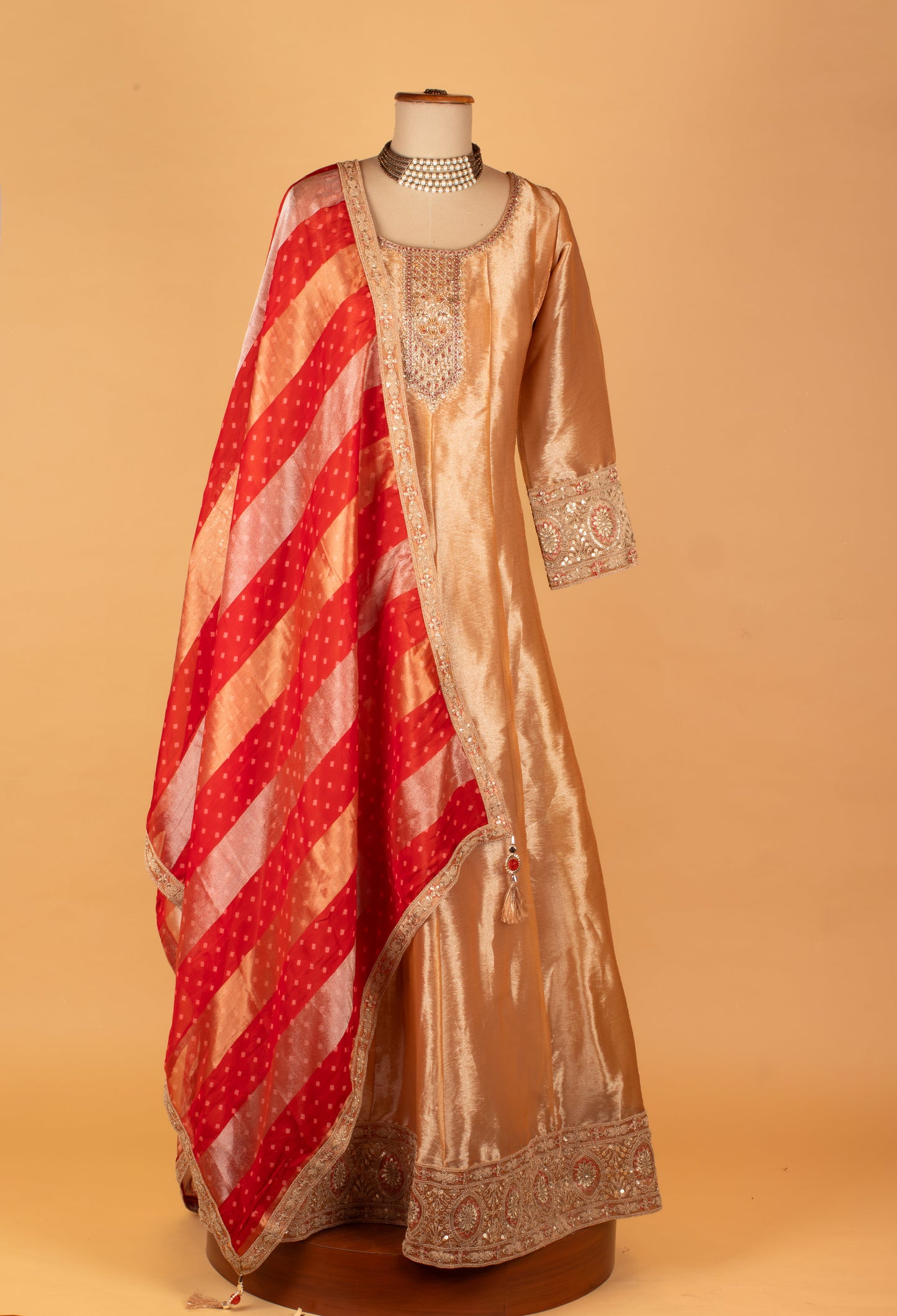 "Golden Beige Embroidered Ethnic Gown with Red Bandhani Dupatta "