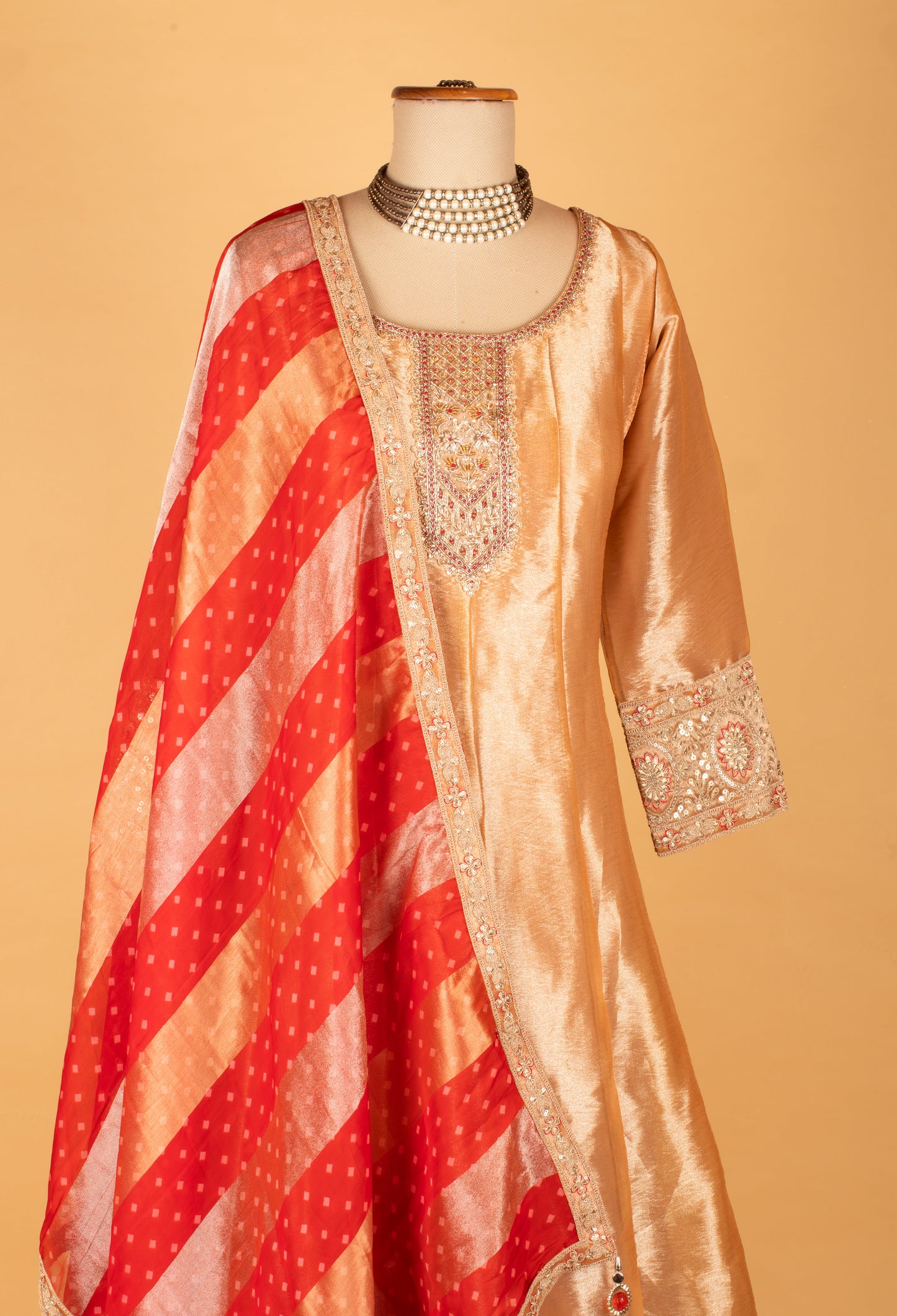 "Golden Beige Embroidered Ethnic Gown with Red Bandhani Dupatta "