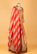 "Golden Beige Embroidered Ethnic Gown with Red Bandhani Dupatta "