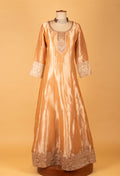 "Golden Beige Embroidered Ethnic Gown with Red Bandhani Dupatta "