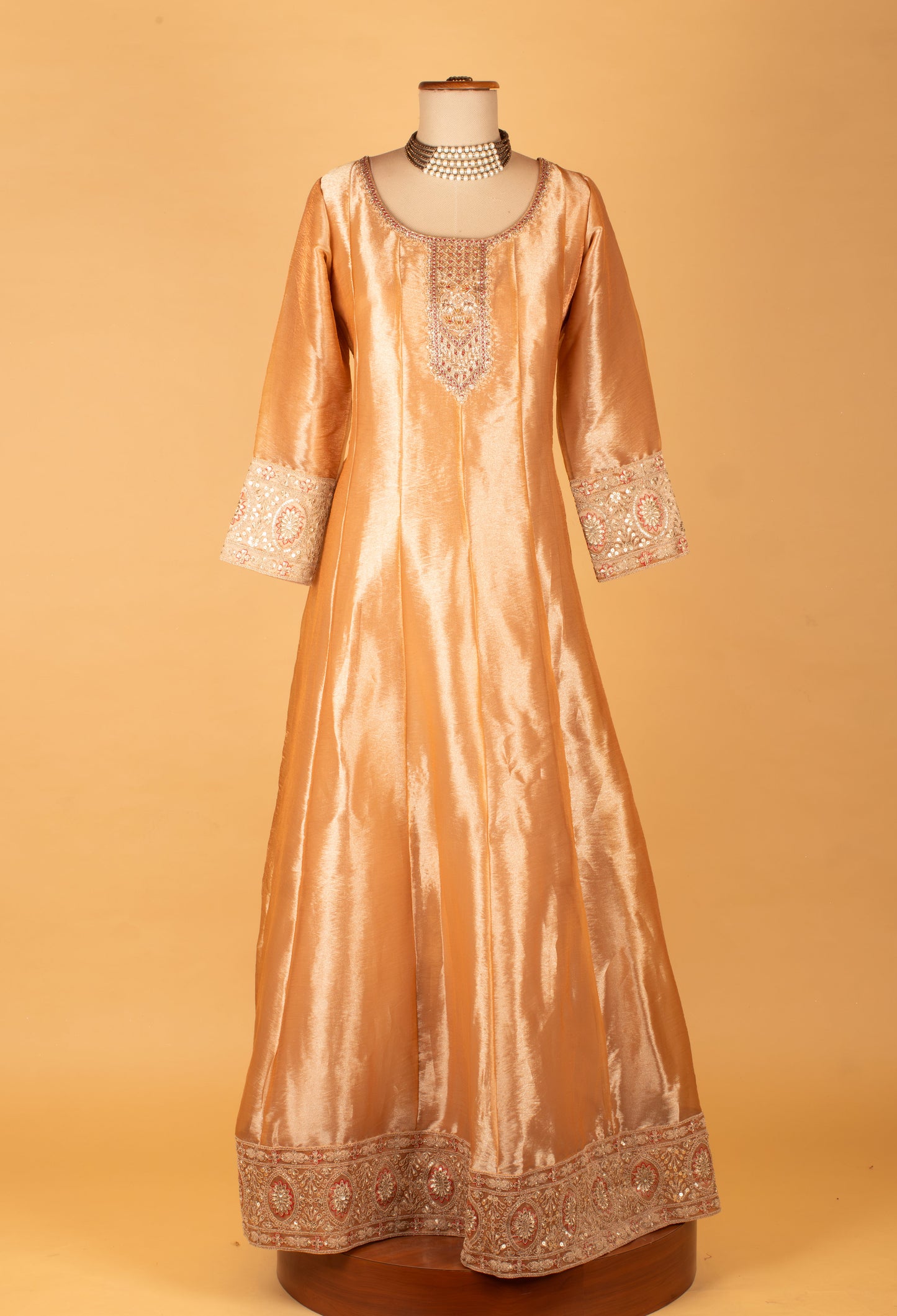 "Golden Beige Embroidered Ethnic Gown with Red Bandhani Dupatta "