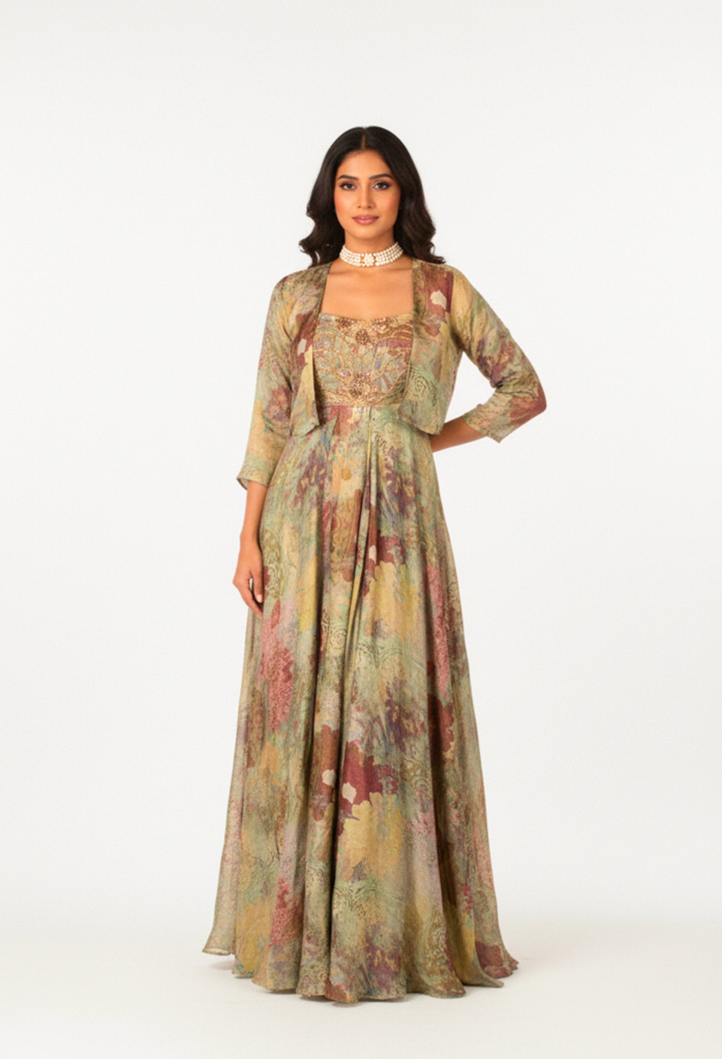 Multicolor Printed Flared Ethnic Gown with Jacket