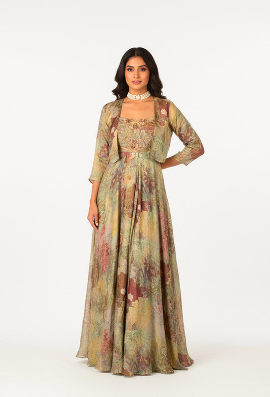 Multicolor Printed Flared Ethnic Gown with Jacket