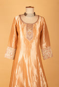 "Golden Beige Embroidered Ethnic Gown with Red Bandhani Dupatta "