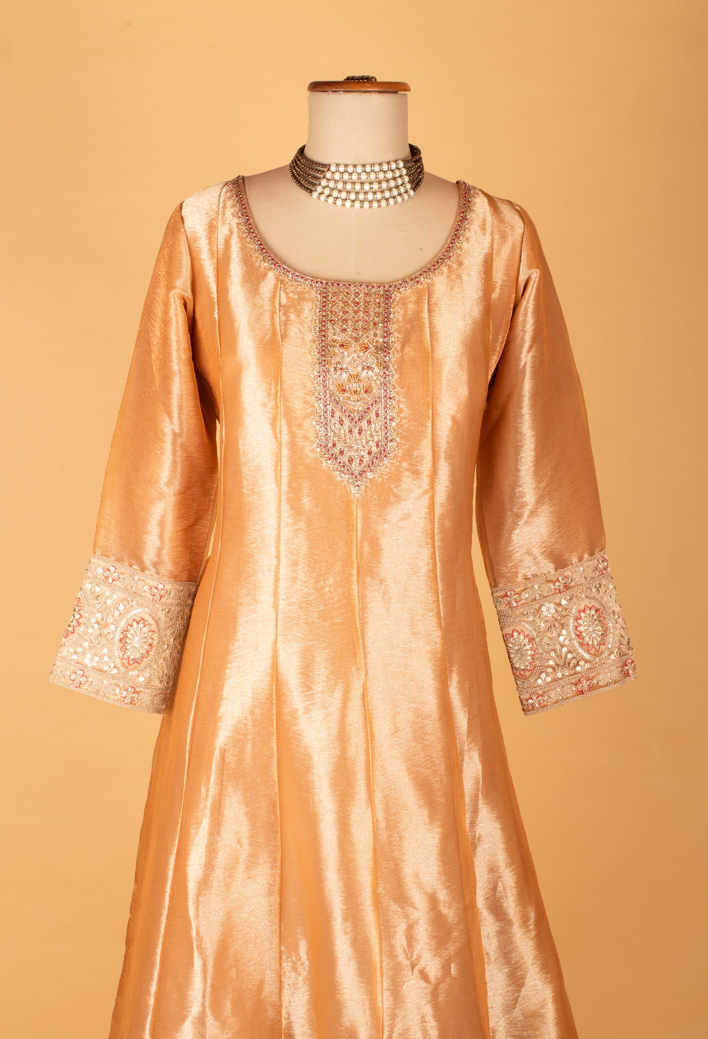 "Golden Beige Embroidered Ethnic Gown with Red Bandhani Dupatta "